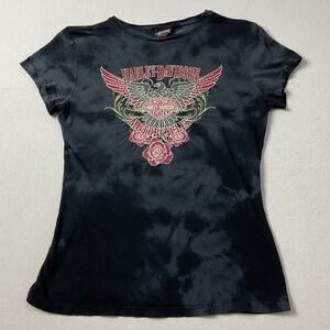 Harley Davidson Motorcycle Womens Size M Short Sleeve Rhinestone Studded Shirt